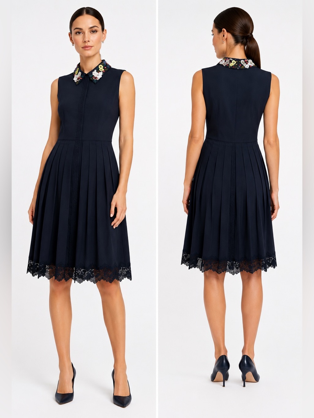 Elie Tahari Navy Sleeveless Dress with Embroidered Floral Collar